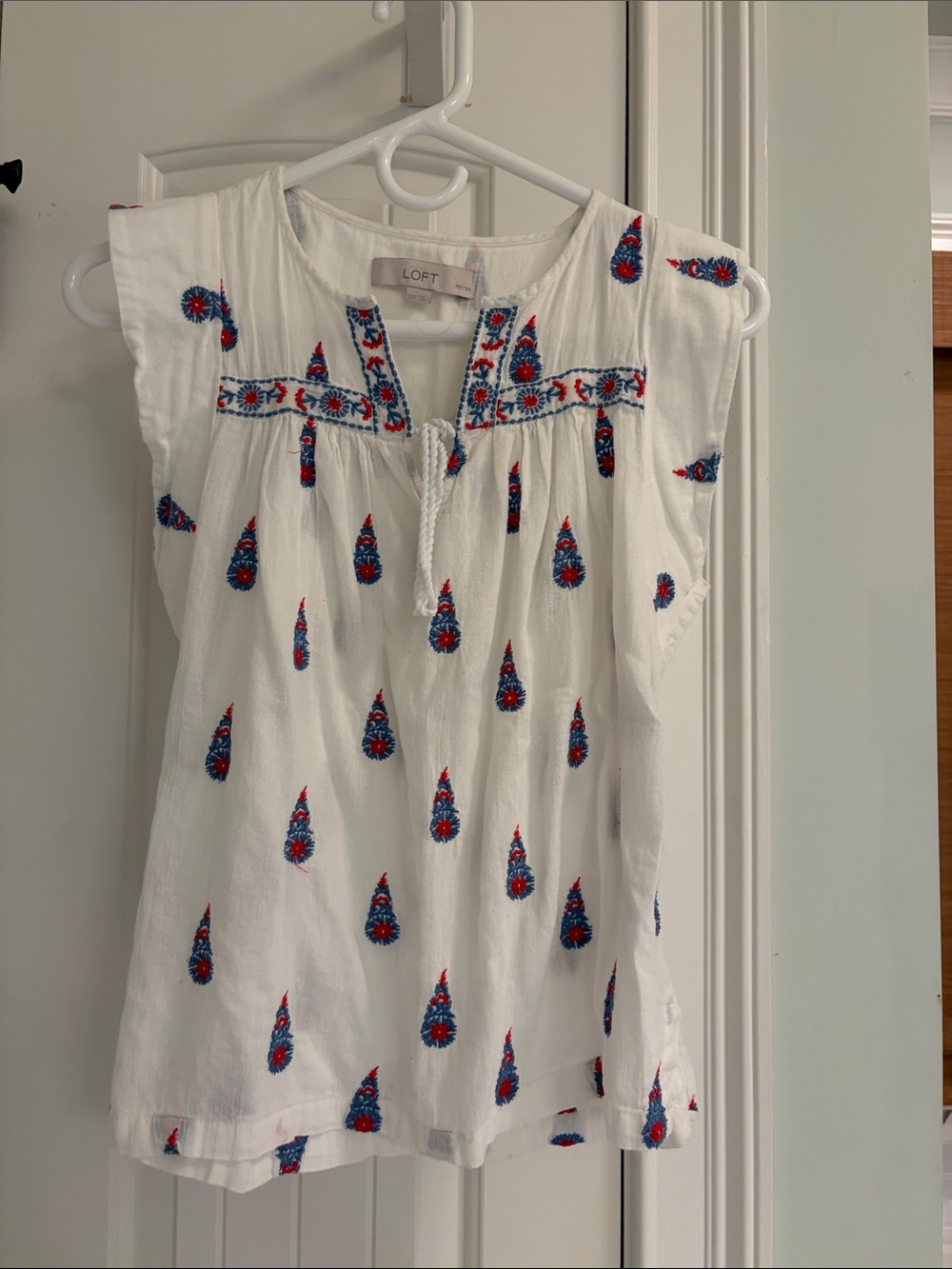 LOFT White Embroidered Tunic with Blue & Red Motifs